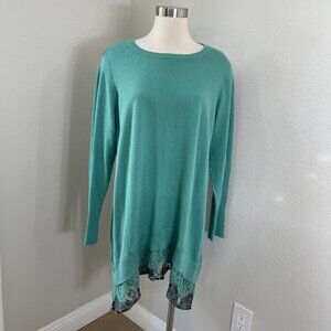 Logo Lori Goldstein Womens Plus 1X Green Tunic Sweater Lace Hem Knit Top
